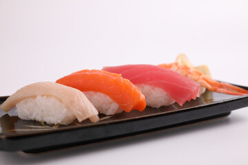 Sushi set , Japanese food sushi salmon tuna shrimp  and sea bass isolated in white background