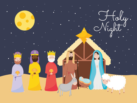 nativity, manger holy night mary joseph baby jesus and three wise kings
