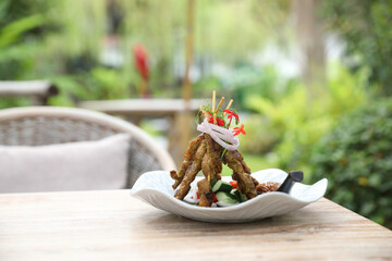 Chicken Satay on dark brown table street food appetizer