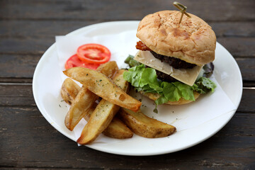 Beef Hamburger on wood background