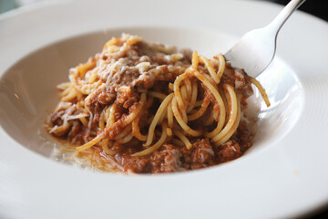 spaghetti Bolognese with minced beef and tomato sauce