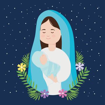 nativity, manger holy mary carrying baby jesus, flowers decoration
