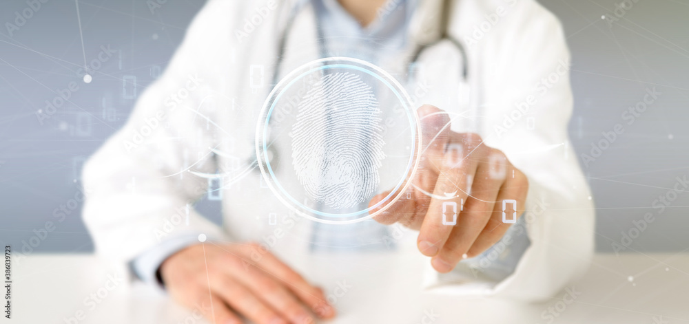 Poster doctor holding a digital fingerprint identification and binary code 3d rendering
