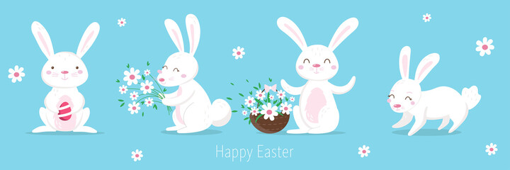 Cute hand drawn set with easter bunnies and spring decorative elements. Cute cartoon design template. Happy Easter background