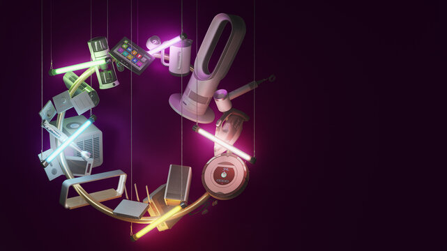 small consumer electronics presentation background in dark style equipment hangs on cables and is illuminated with tampons of different colors 3d render image
