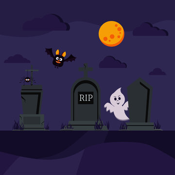 Halloween cemetery scene with bat, ghost, spider on tombstone. Different old tomb gravestone with crack dark night scene with moon and clouds. Vector flat design cartoon style scenery illustration.