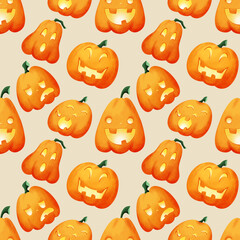 Seamless Halloween pattern with funky pumpkins emoji on beige background. Funny digital illustration for wrapping paper, wallpapers and party decoration