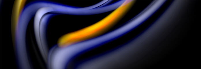 Dynamic motion abstract background. Color blurred stripes on black. Wave liquid lines poster. Vector illustration