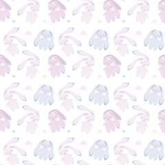 Seamless pattern with cute rabbits and hearts on a white background. Pink, blue and purple rabbits