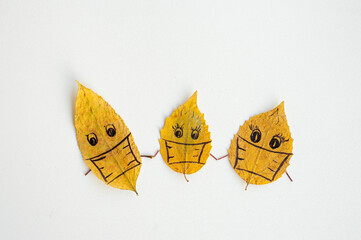 Covid concept. Yellow autumn leaves with drawings of faces in medical masks. The image of the family during the coronavirus epidemic.