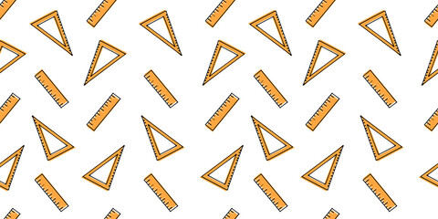 seamless pattern with yellow ruler and triangle ruler on white background. hand drawn vector. landscape background for cover, backdrop, wrapping paper and gift. doodle stationery for office and school