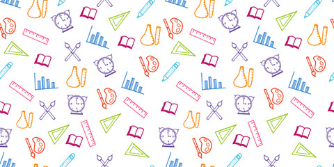 seamless pattern with stationery for office and school isolated on white background. colorful thin outline, hand drawn vector. modern scribble for kid, learn, banner, fabric, wallpaper, wrapping. 