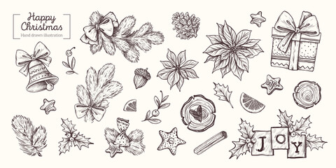 Christmas. Set of Christmas decor. Spruce branches, bell, pine cone, gift, holly, poinsettia. Vector Hand Drawn. Sketch Illustration. 