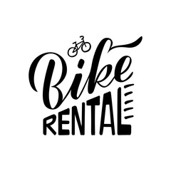 Obraz premium Vector illustration of bike rental brush lettering for banner, leaflet, poster, clothes, logo, advertisement design. Handwritten text for template, signage, billboard, printing, price list, flyer 
