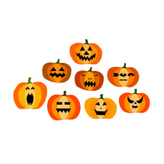 Set of halloween scary orange pumpkins isolated on white background. Funny, creepy, smiling faces. Happy Halloween Holiday Symbol. Character collection. Flat Style Vector Spooky Autumn Illustration
