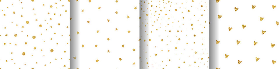Seamless brilliant glitter pattern set. Gold shiny sparkles, stars, hearts isolated on white background. Sparkling random festive confetti. Trendy Vector illustration for holidays, Christmas, Birthday