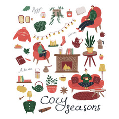 Cozy interior set. Autumn and winter season details. Flat vector graphic