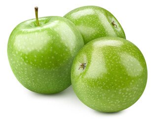 Three ripe green apples on a white background