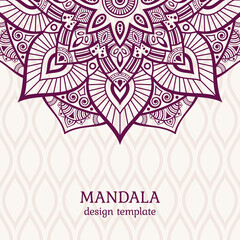 Greeting card or invitation template with mandala vector color illustration. Ethnic mandala decorative background. Islam, Arabic, Indian, ottoman motifs. 