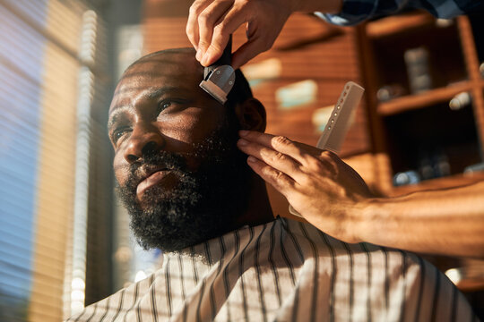 Male barber trimming client beard in barbershop