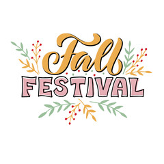 Vector illustration of fall festival lettering for banner, advertisement, poster, invitation, web design or print. Handwritten text with floral decorative graphics
