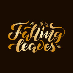 Vector illustration of falling leaves lettering for banner, postcard, poster, clothes, advertisement design. Handwritten text for template, signage, billboard, print. Imitation of brushpen writing
