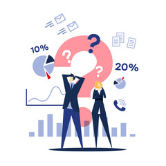 Business people are confused by the big flow of analytic information. Vector illustration.