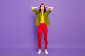 Full length body size view of her she nice attractive lovely pretty amazed wavy-haired girl news reaction pout lips isolated on bright vivid shine vibrant lilac violet purple color background