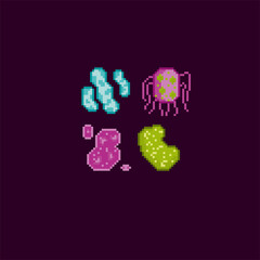 Bacteria and microbe pixel art icons set. Viral molecules. Micro organisms, virus, parasite, germs and bacilli isolated vector illustration. Design for logo, app. Observation in the microscope. 8-bit.