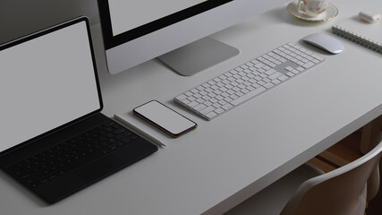Workspace with tablet, computer and smartphone, include clipping path