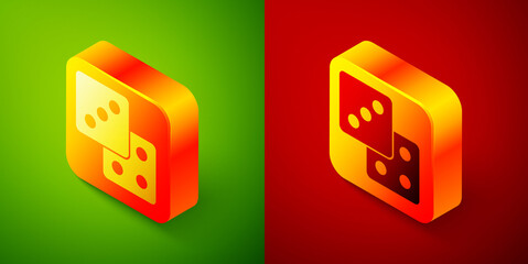 Isometric Game dice icon isolated on green and red background. Casino gambling. Square button. Vector.