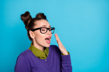 Close-up portrait of her she nice attractive pretty smart clever intellectual girl geek yawning...