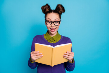 Close-up portrait of her she nice attractive smart clever cheerful cheery girl learning reading...