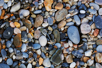 A close up view of smooth polished multicolored stones washed a