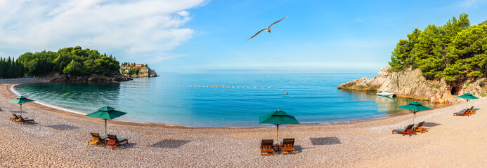 Beautiful panorama of the beach next to the Sveti Stefan island, Budva riviera, Montenegro