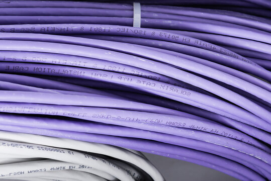 large group of UTP cables, Ethernet cables in rack cabinet, lead