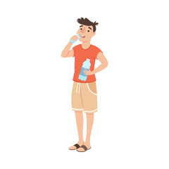 Guy Drinking Clean Water from Plastic Bottle, Man Quenching Thirst, Healthy Lifestyle Concept Cartoon Style Vector Illustration