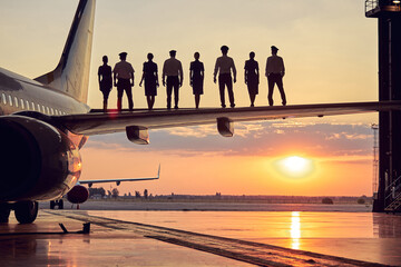 View of people looking to the beautiful sunset in the aviation hangar - obrazy, fototapety, plakaty