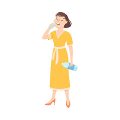 Woman Drinking Clean Water from Plastic Bottle, Fenale Person in Yellow Dress Quenching Thirst, Healthy Lifestyle Concept Cartoon Style Vector Illustration