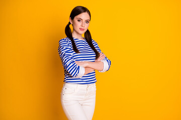 Fototapeta na wymiar Portrait of executive worker girl cross hands ready decide decision choose choice solution wear good look clothes isolated over vivid color background