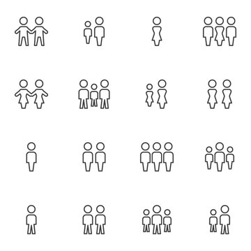 Crowd of people line icons set, people group outline vector symbol collection, linear style pictogram pack. Signs, logo illustration. Set includes icons as family, teamwork, friends, man and woman