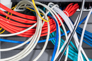 large group of UTP cables, Ethernet cables in rack cabinet, lead