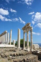 Ancient City and Ruins in Izmir during sunny day.Theatre of Dionysus, Pergamon Valley and Pergamon Library. Acropolis ancient city and theater. Izmir, Turkey