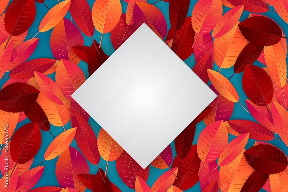 Wall mural fall or autumn design template with red and orange leaves of the background and a square for text. v