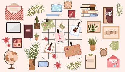 Set of items for home and office. Workplace and Workspace Home. Remote work. Isolated objects: flowers, lattice photo board, notebook, decor, books, paintings. Vector stock illustration.