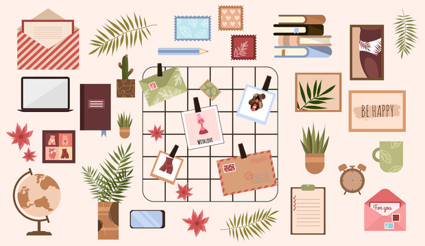 Set of items for home and office. Workplace and Workspace Home. Remote work. Isolated objects: flowers, lattice photo board, notebook, decor, books, paintings. Vector stock illustration.