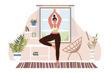 Woman Asana Vector Home. Girl Stretching at Home. Vector stock illustration