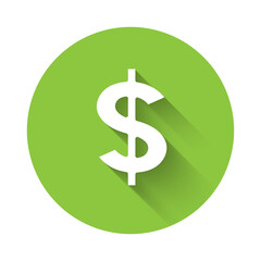 Obraz premium White Dollar symbol icon isolated with long shadow. Cash and money, wealth, payment symbol. Casino gambling. Green circle button. Vector.