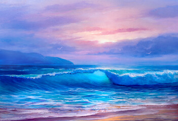 Original oil painting of sea and beach on canvas.
