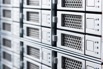 Array of data storage hard drives in internet data center